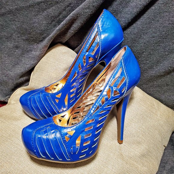 BCBGeneration - Vivid Blue Laser Cut Out Leather Platform Heels - Picture 5 of 6